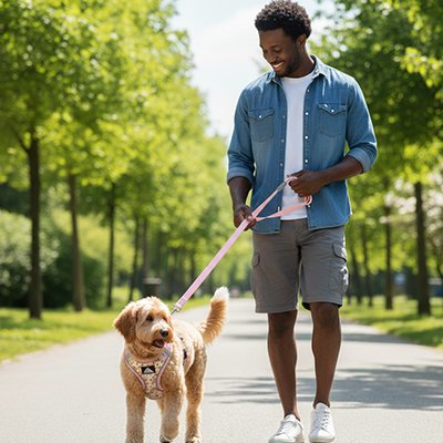homme promene chien avec harnais pour petit chien rose fleuri