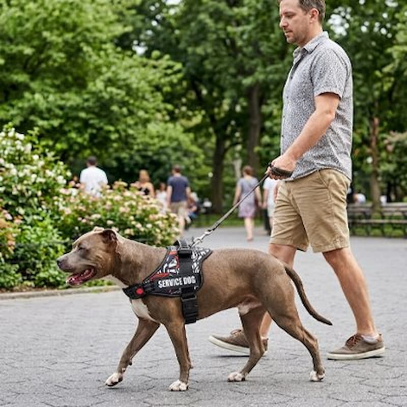 homme promène chien marron avec harnais chien graffiti