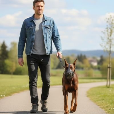 homme promene chien marron parc avec muselière en cuir