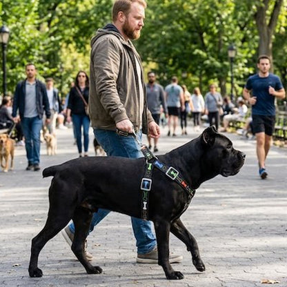 homme promène chien noir parc portant harnais chien noir
