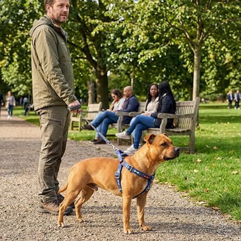 homme promène chien parc avec harnais chien bleu motif os