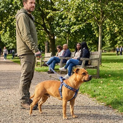 homme promène chien parc avec harnais chien bleu motif os