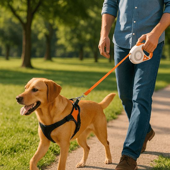 homme promene chien parc laisse pour chien enrouleur orange
