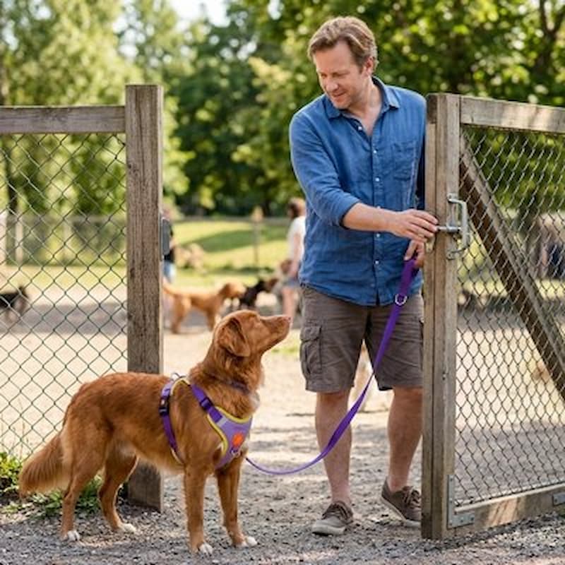 homme promène chien portant harnais pour chien violet parc chiens