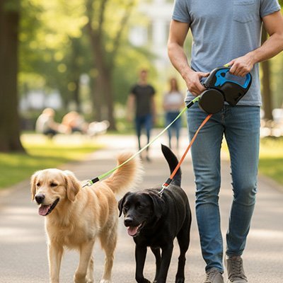 homme promene deux chiens dans parc laisse double chien bleu