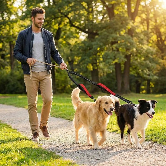 homme promene deux chiens parc laisse double pour chien rouge