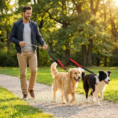 homme promene deux chiens parc laisse double pour chien rouge