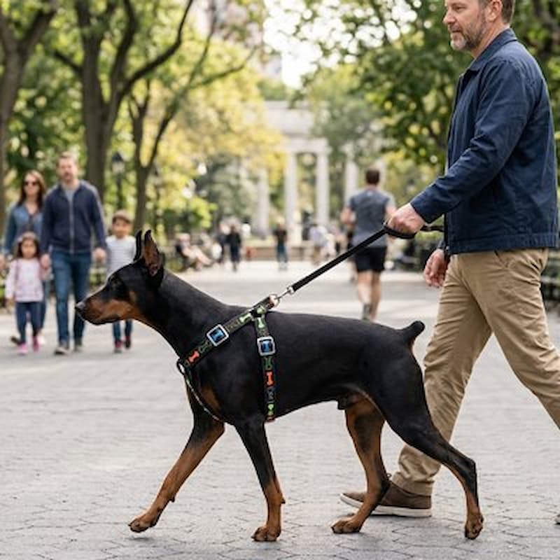 homme promène doberman avec harnais chien noir motif os