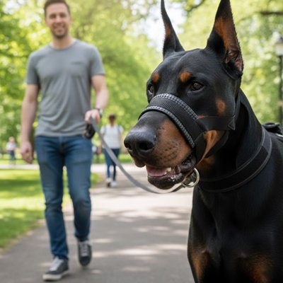 homme promene doberman dans parc avec museliere noir