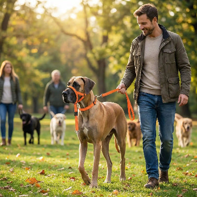 homme promene dogue allemand dans parc avec museliere chien orange