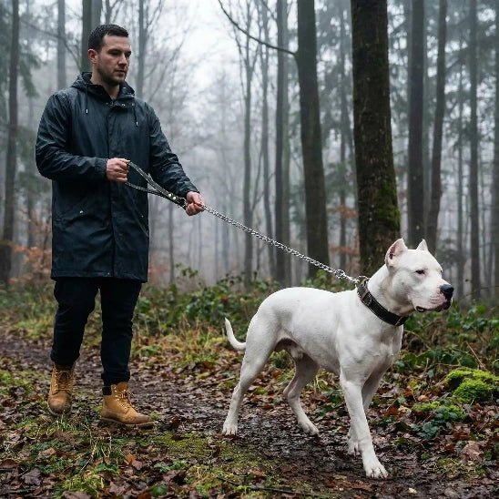 homme promene dogue argentin mauvais temps laisse pour chien chaine