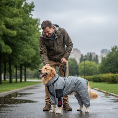 homme promene golden retriever avec imperméable pour chien temps maussade