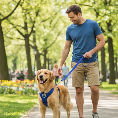 homme promene golden retriever parc avec harnais pour chien bleu