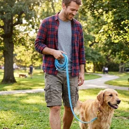 homme promene golden retriever parc avec longe chien bleu