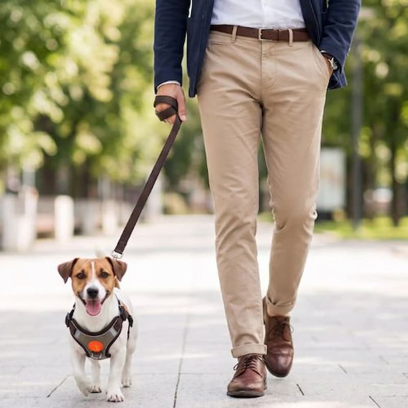 homme promène jack russell portant harnais pour chien marron ville
