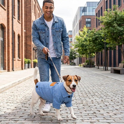 homme promene jack russell zone urbaine avec manteau chien bleu