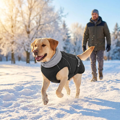 homme promene labrador dans neige avec manteau chien noir
