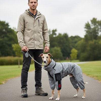 homme promene levrier dans parc avec imperméable pour chien 