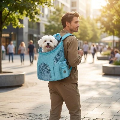 homme promene maltais ville dans sac a dos chien