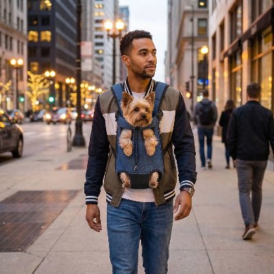 homme promene yorkshire ville dans sac a dos chien