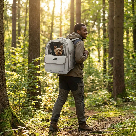 homme randonne foret yorkshire dans sac a dos pour chien
