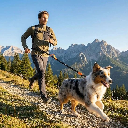 homme randonnee berger australien laisse canicross elastique orange