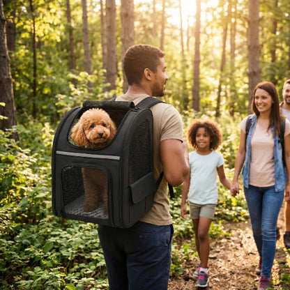 homme randonnee famille caniche dans sac à dos chien noir