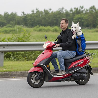 homme scooter roule avec chien sac a dos pour chien