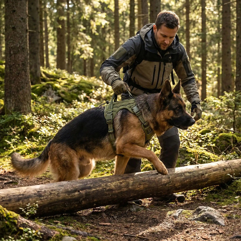 homme tient poignee harnais pour chien sur berger allemand foret