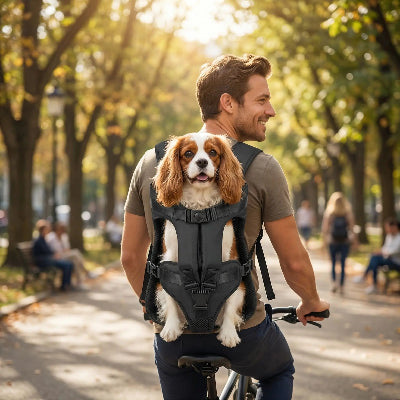 homme velo cavalier king charles sac a dos pour chien