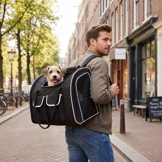 homme zone urbaine chien dans sac à dos pour chien