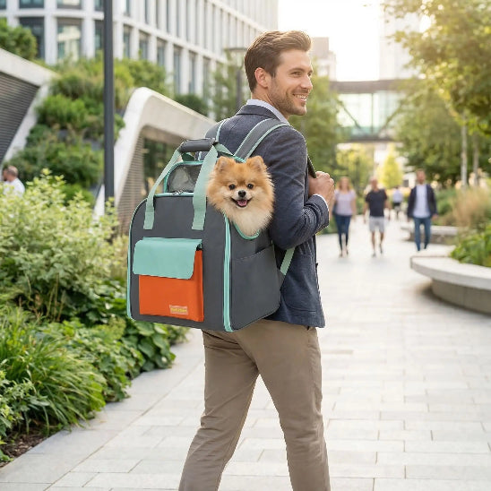 homme zone urbaine spitz dans sac a-dos chien bleu