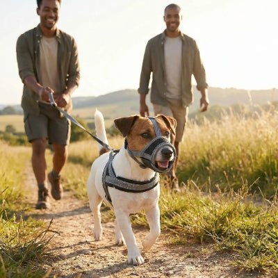 hommes promenent jack russell dans campagne muselière pour chien gris