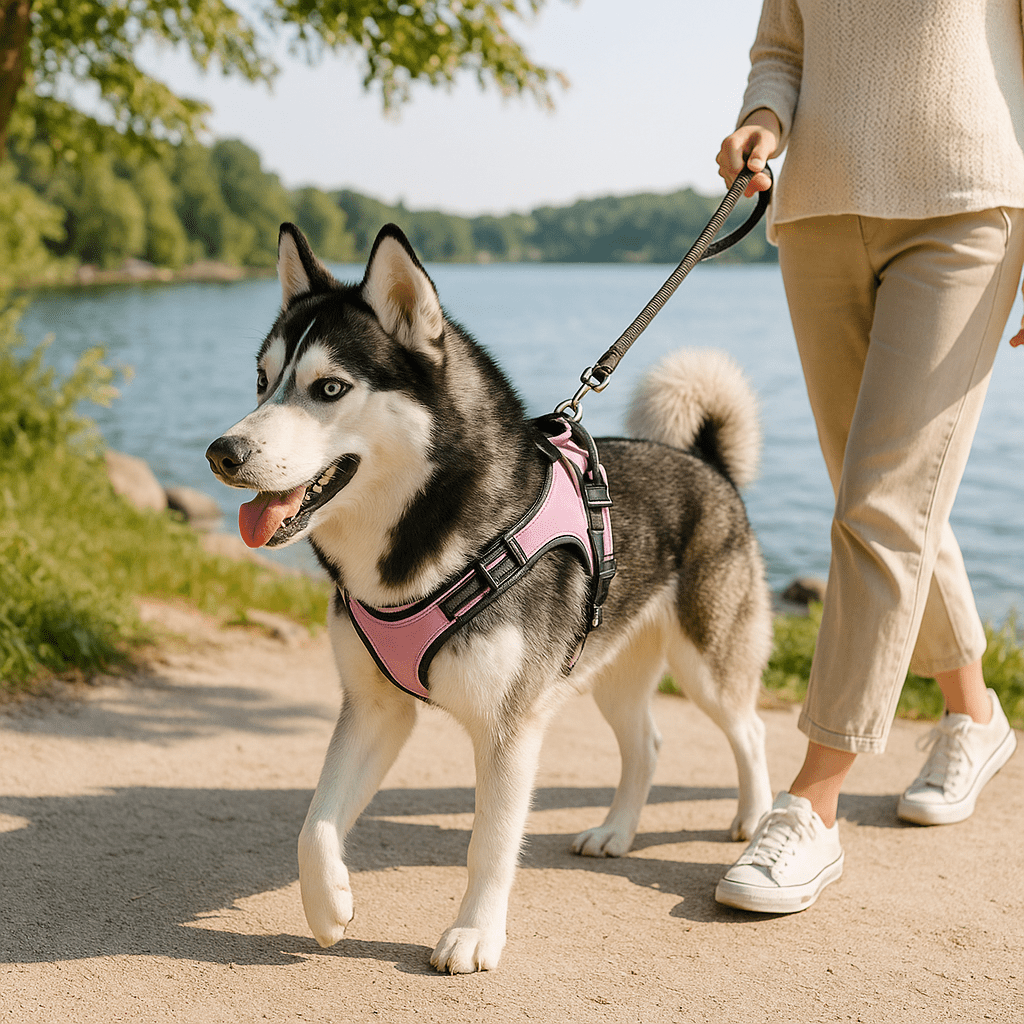 husky avec harnais pour chien rose se promene avec sa maitresse au bord du lac