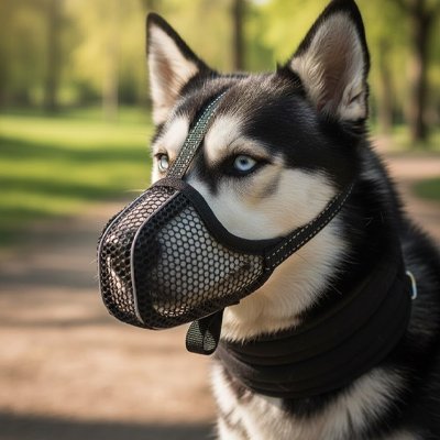 husky avec museliere pour chien noir