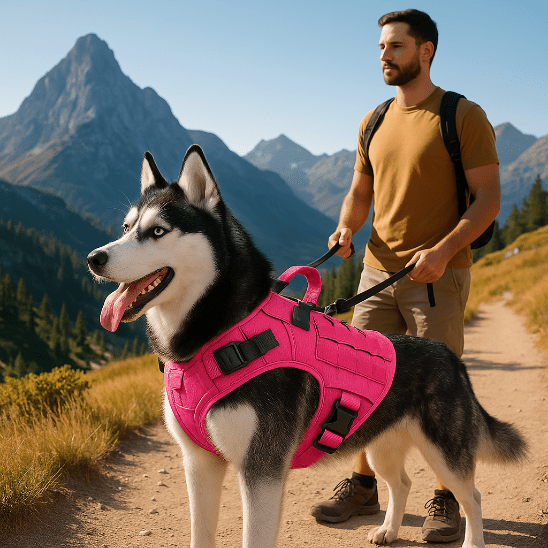 husky randonnee avec son maitre harnais anti traction chien rose