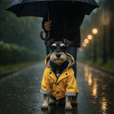 imperméable chien sur schnauzer assis sous pluie devant personne