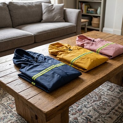 imperméable pour chien bleu jaune rose sur table basse salon