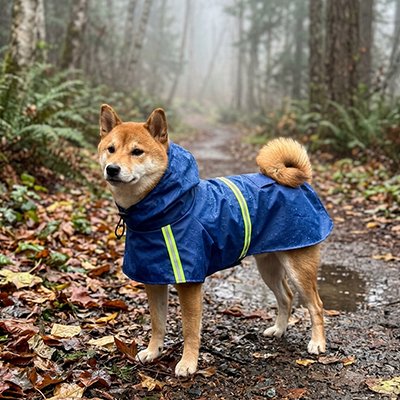 imperméable pour chien​ bleu sur shiba dans foret