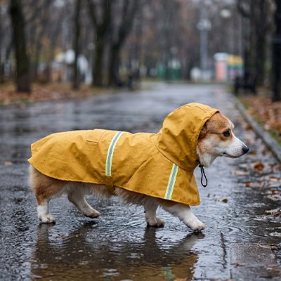 imperméable pour chien jaune sur corgi marchant sous pluie