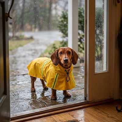 imperméable pour chien​ jaune sur teckel devant porte ouverte pluie