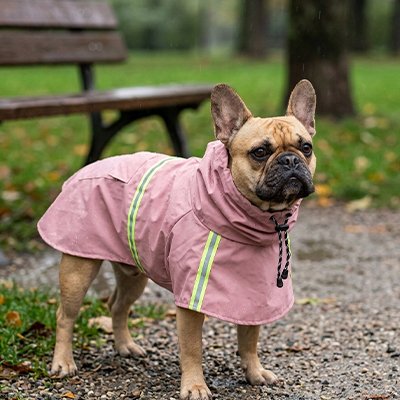 imperméable pour chien rose sur bouledogue francais dans parc