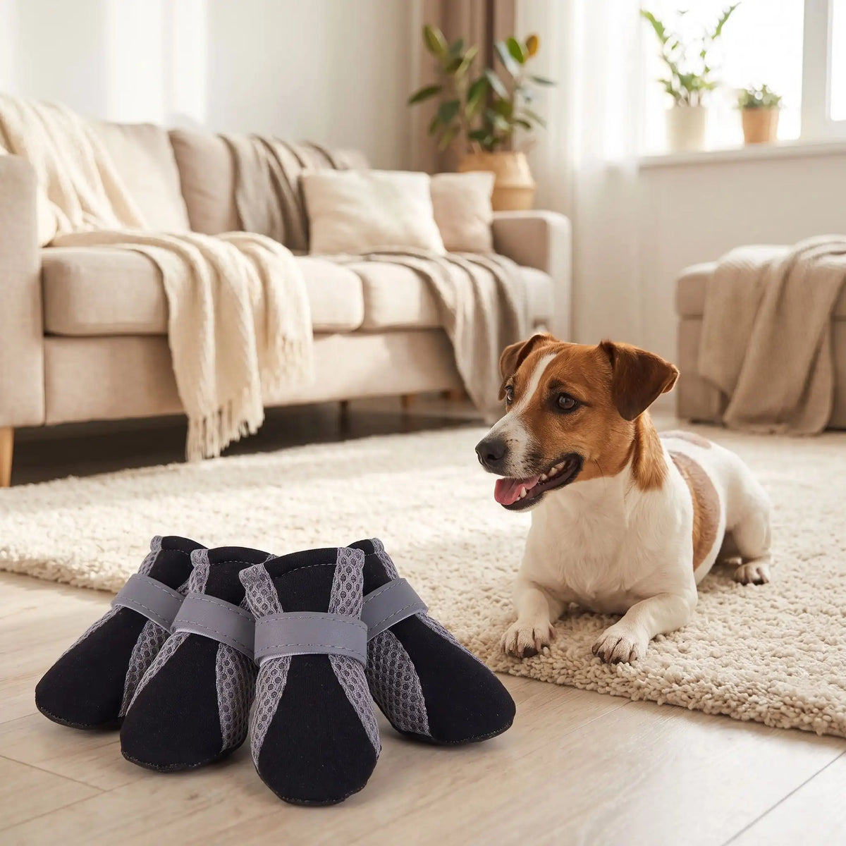jack russell allongé salon derrière quatre chaussure chien noir