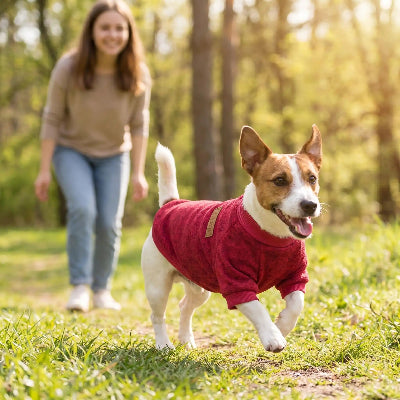 jack russell court herbe avec pull chien bordeaux femme derriere