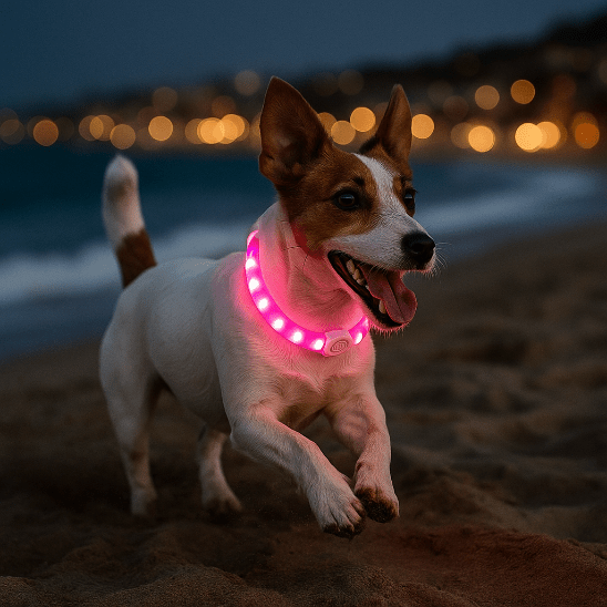 jack russell court plage collier lumineux pour chien rose