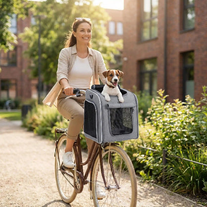 jack russell dans sac à dos chien sur velo femme