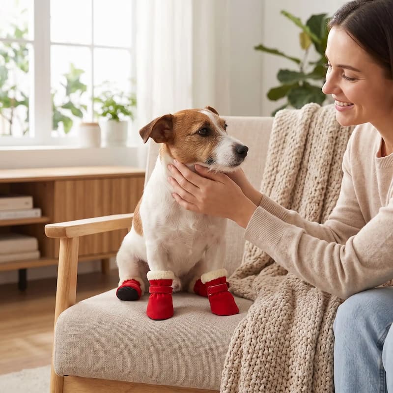 jack russell portant chaussure chien rouge fauteuil câliné par femme