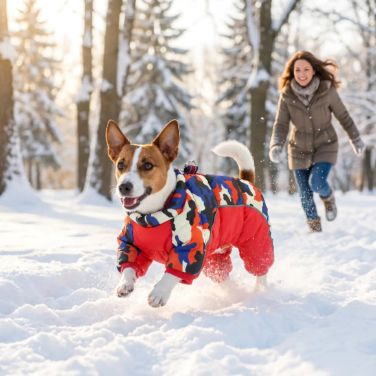jack russell portant manteau pour chien rouge court dans neige