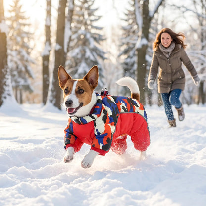 jack russell portant manteau pour chien rouge court dans neige