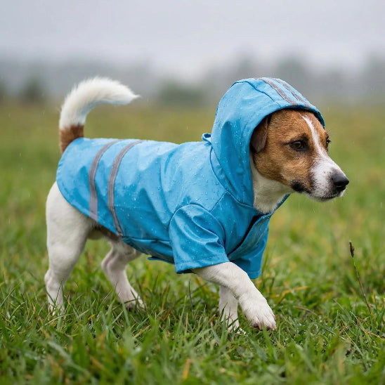 jack russell sous pluie avec manteau pour chien bleu